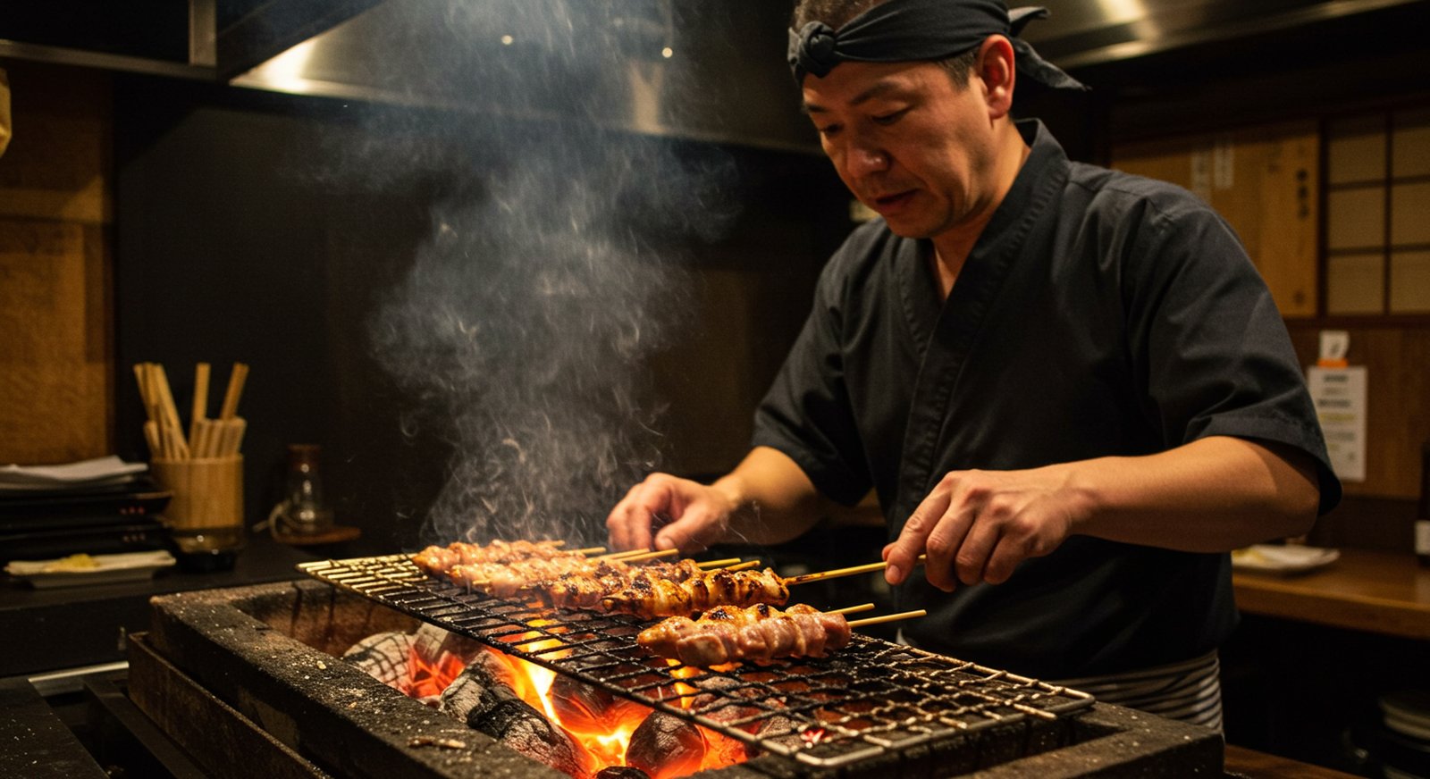 大将が炭火で焼き鳥を焼いている