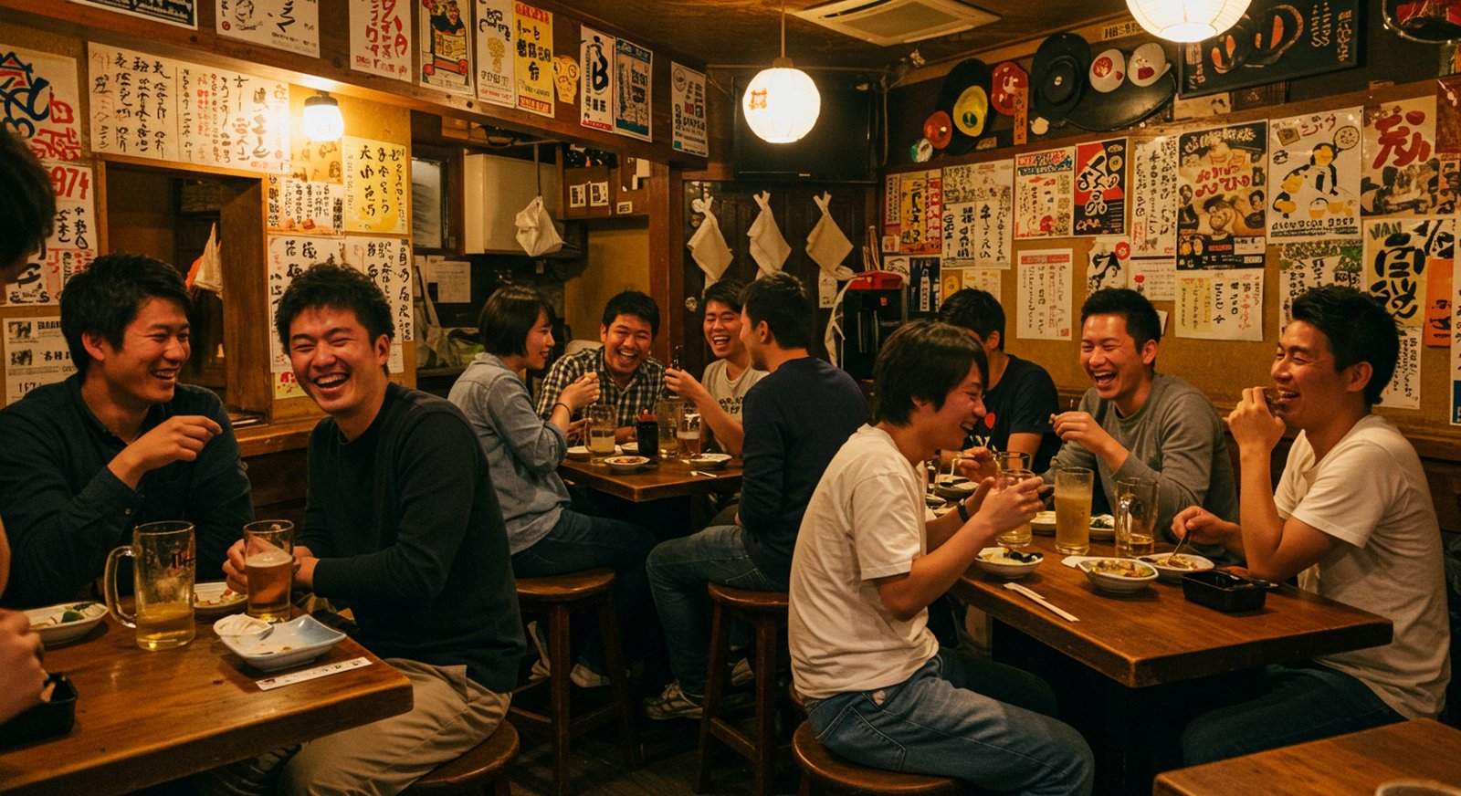 若者グループが笑顔で談笑する店内