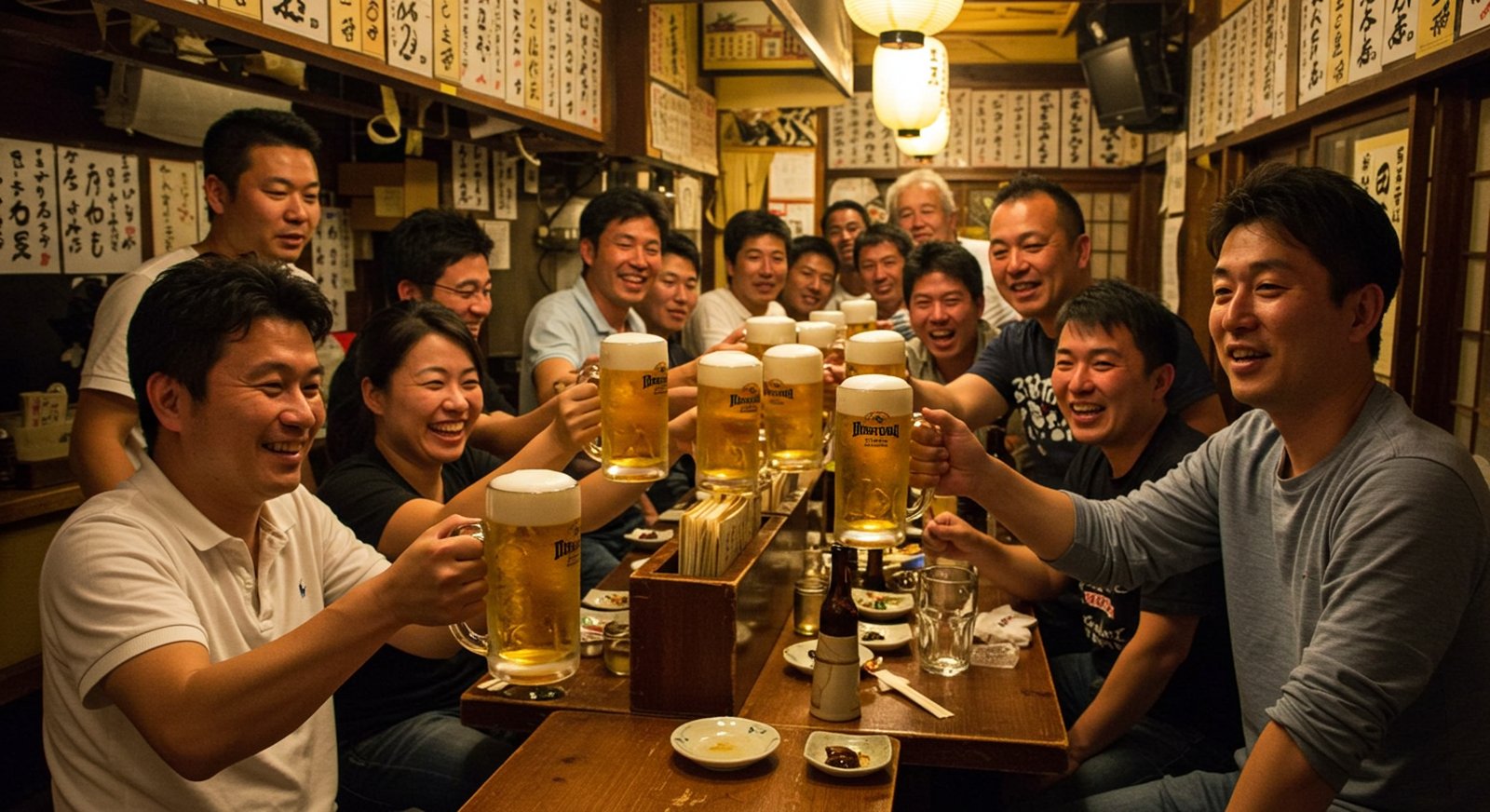 乾杯でビールジョッキを合わせるシーン