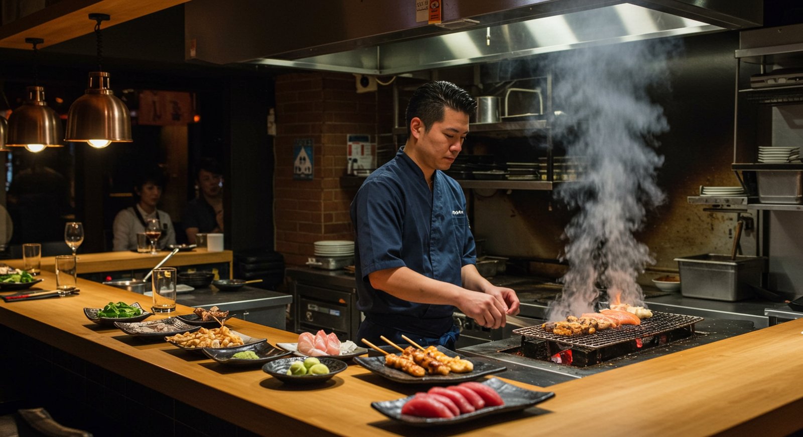 活気あるカウンターと仕込みの様子