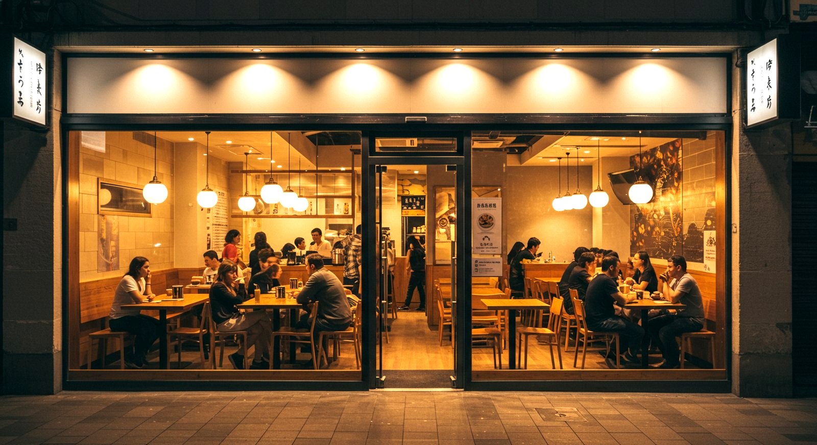 現代的な飲食店の外観。大きなガラス越しに賑やかな店内が見える