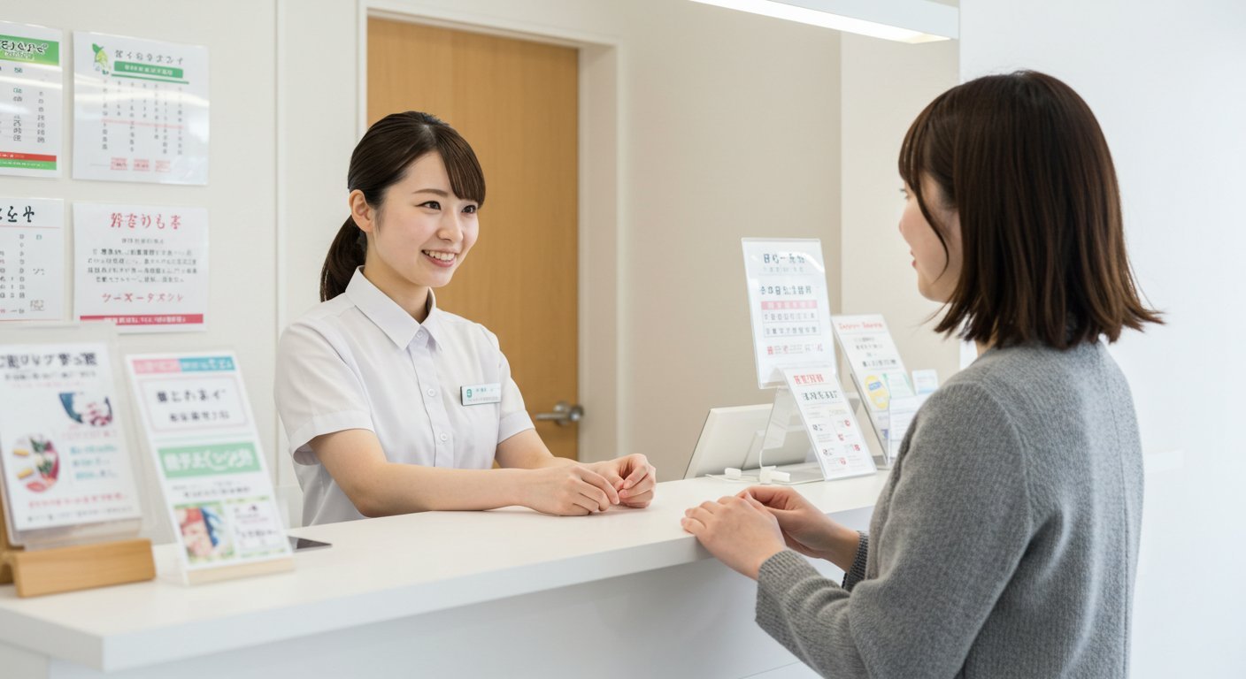 受付で案内する日本人女性スタッフ